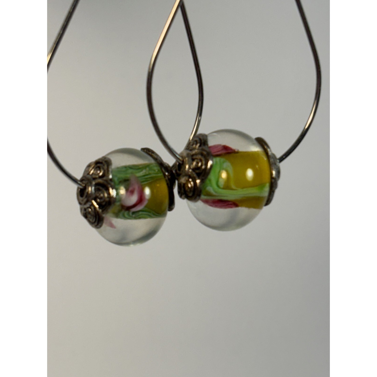 Earrings Rose Pink Art Glass Bead In Silver Tone Loop